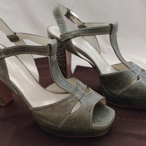 Elie Tahari Distressed Green Leather Platform Chunky Heeled Sandals Size 10 EUC - Picture 8 of 9